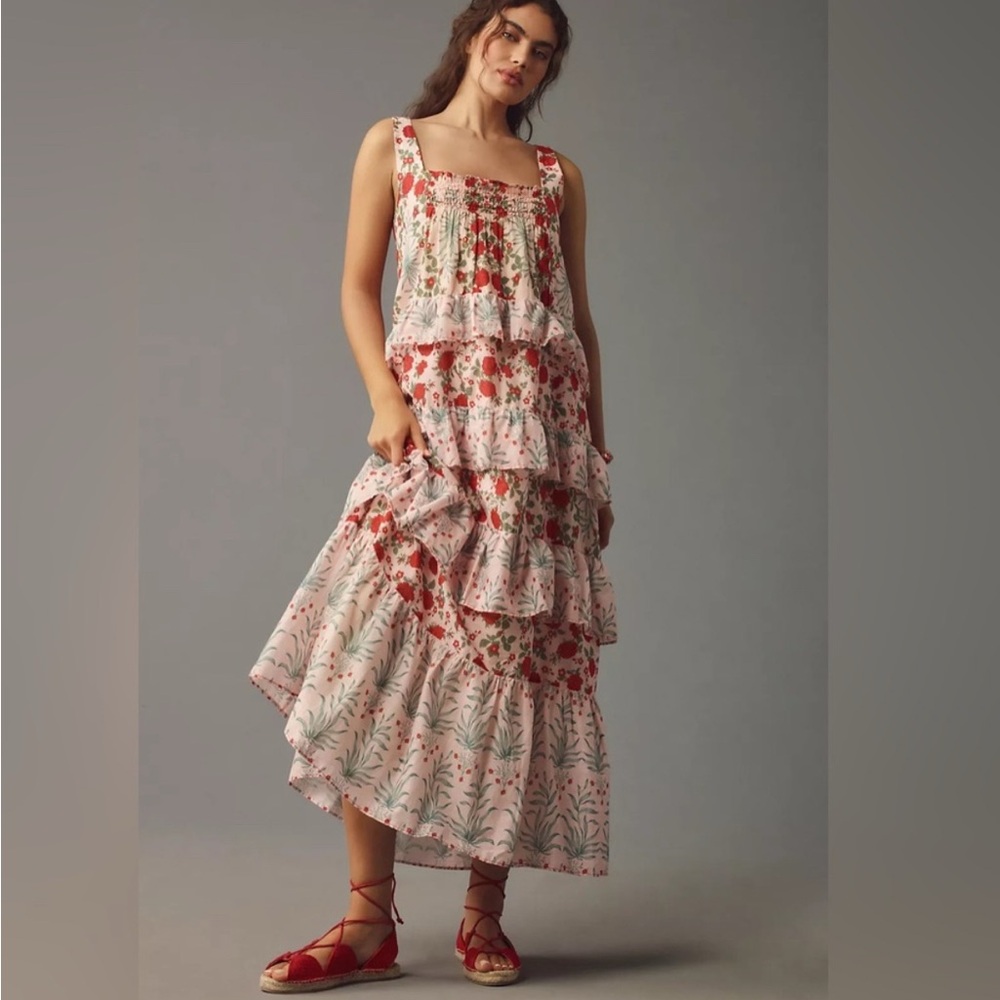 Anthropologie Sleeveless Square-Neck Tiered Midi Dress